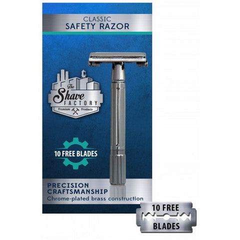 THE SHAVE FACTORY SAFETY RAZOR. (BONUS 10 BLADES)